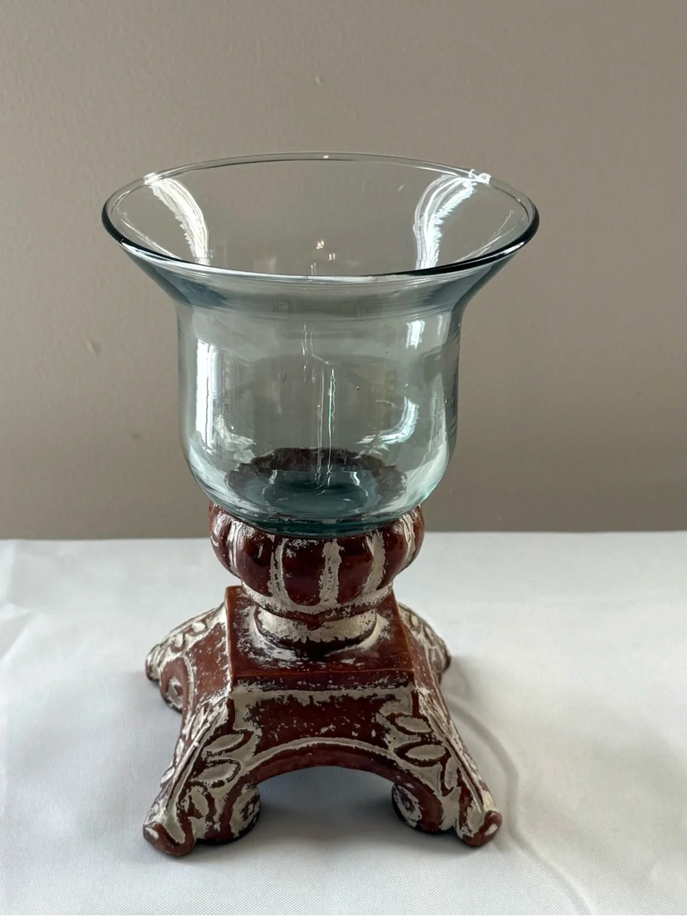 Southern Living Brown and Cream distressed Pedestal Bell Jar Candleholder